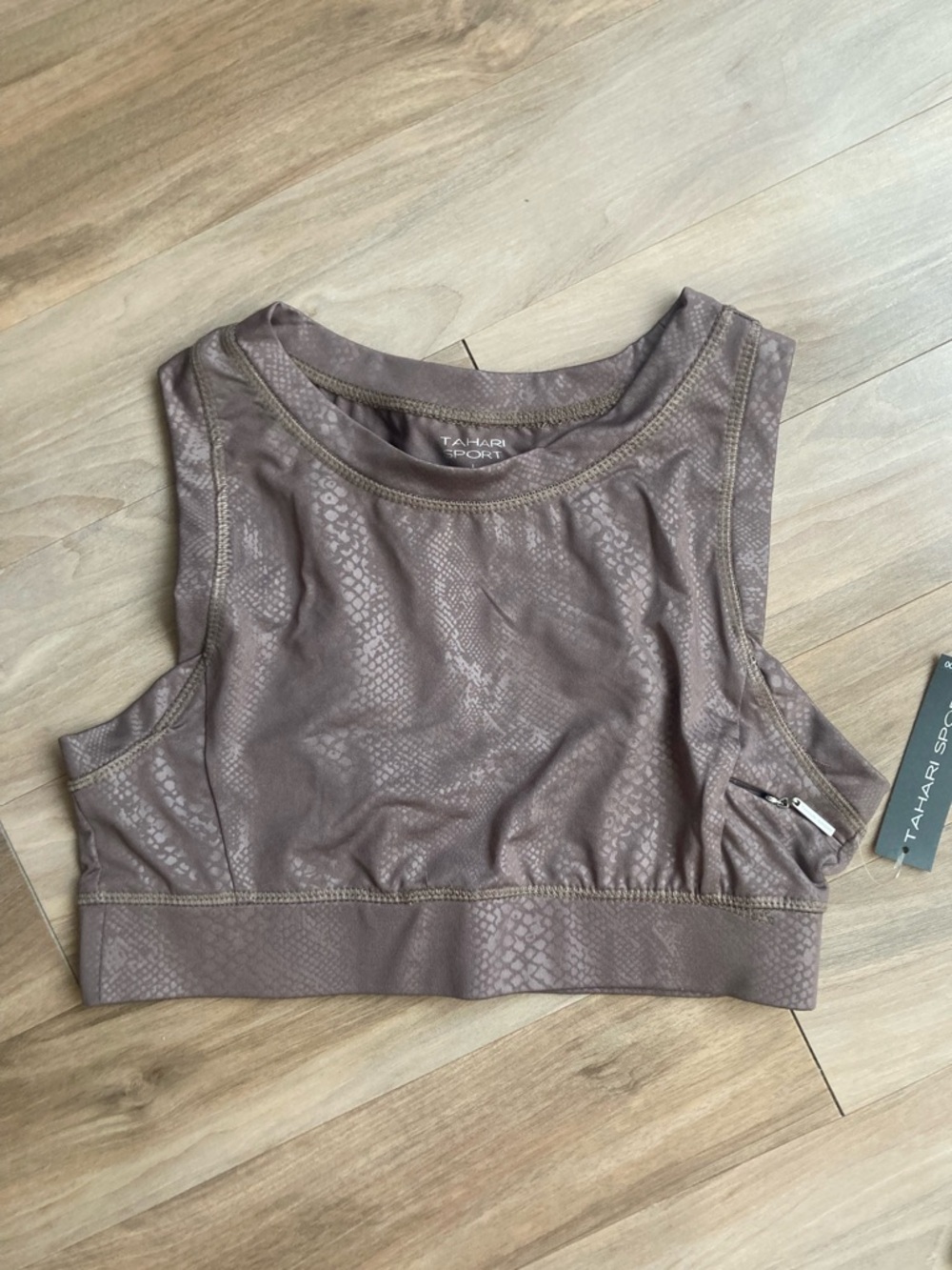 Tahari sports bra tan snakeskin print pattern with cut out neutral athleisure M